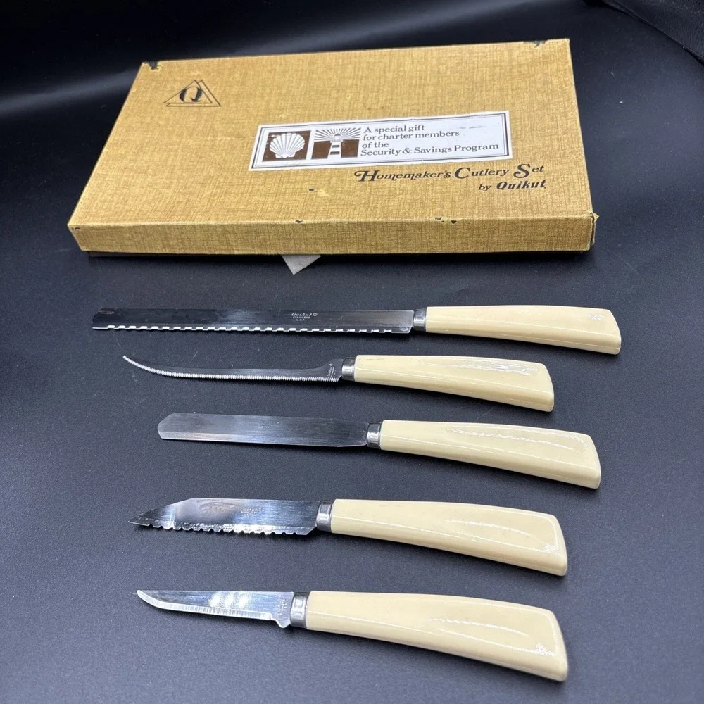 Vintage Quikut Homemaker's Cutlery Knife Set Pairing, Spatula, , Bread NOS Read
